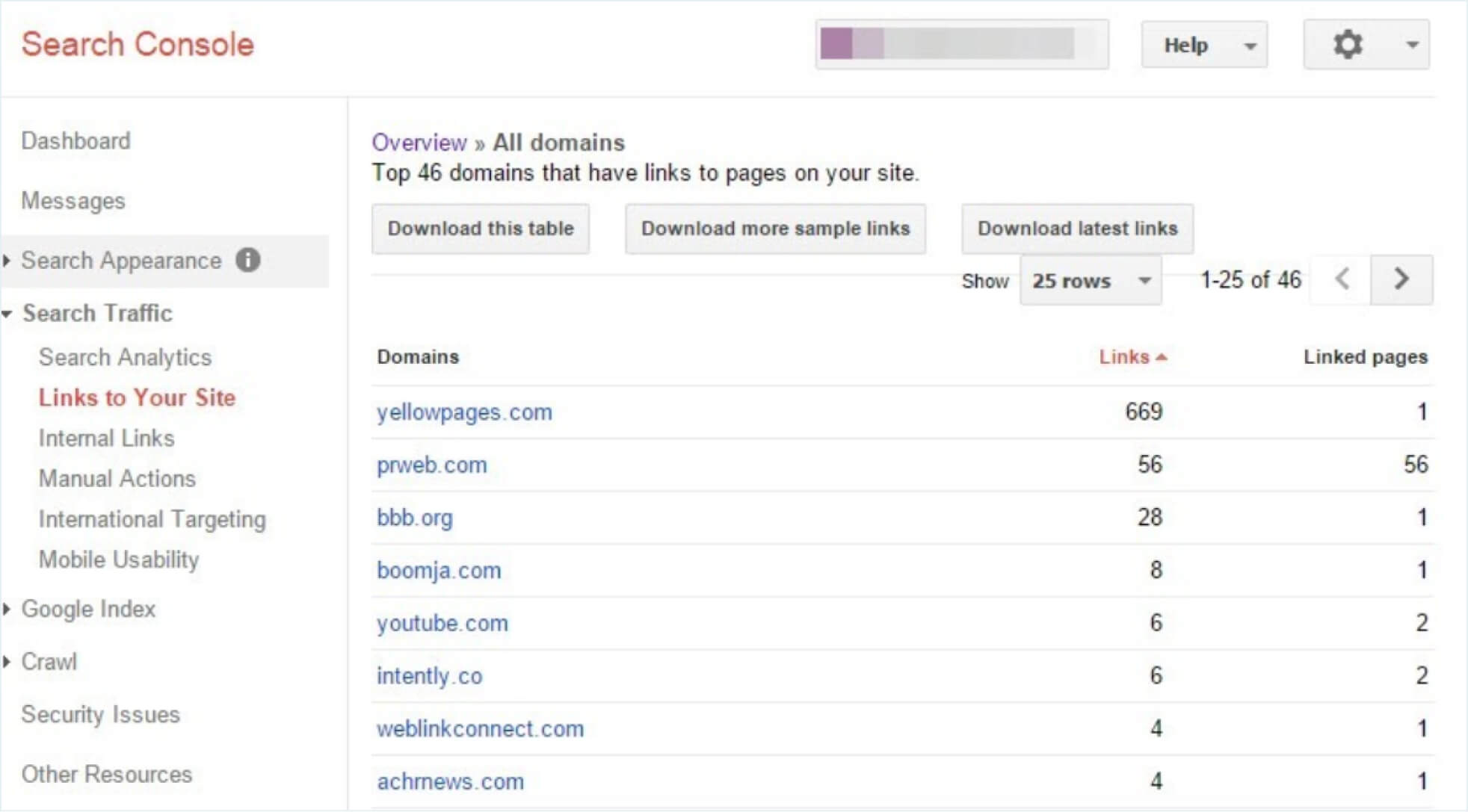 screenshot of Google's Search Console providing insight into backlink data 